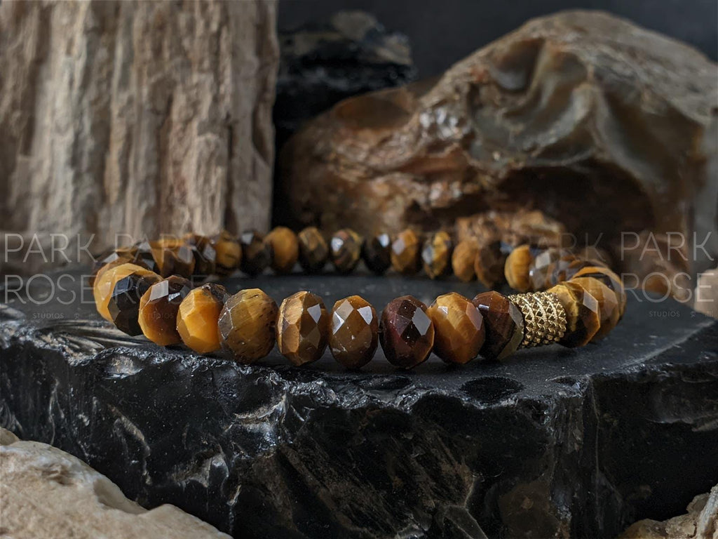 Faceted Rondelle Natural Tiger's Eye Bracelet: Buddha, Pixiu, Stainless Steel (8mm)