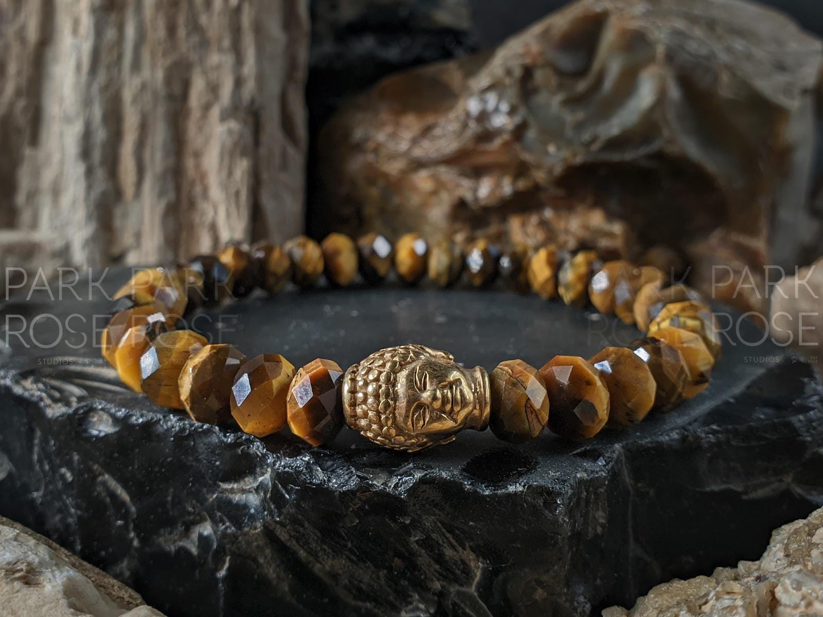 Faceted Rondelle Natural Tiger's Eye Bracelet: Buddha, Pixiu, Stainless Steel (8mm)