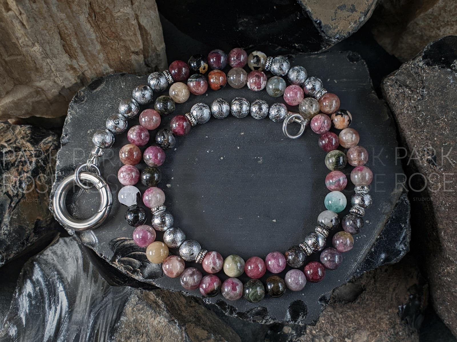 AAAAA Mixed Tourmaline Carabiner Necklace: Gibeon Meteorite, Moldavite Pendant