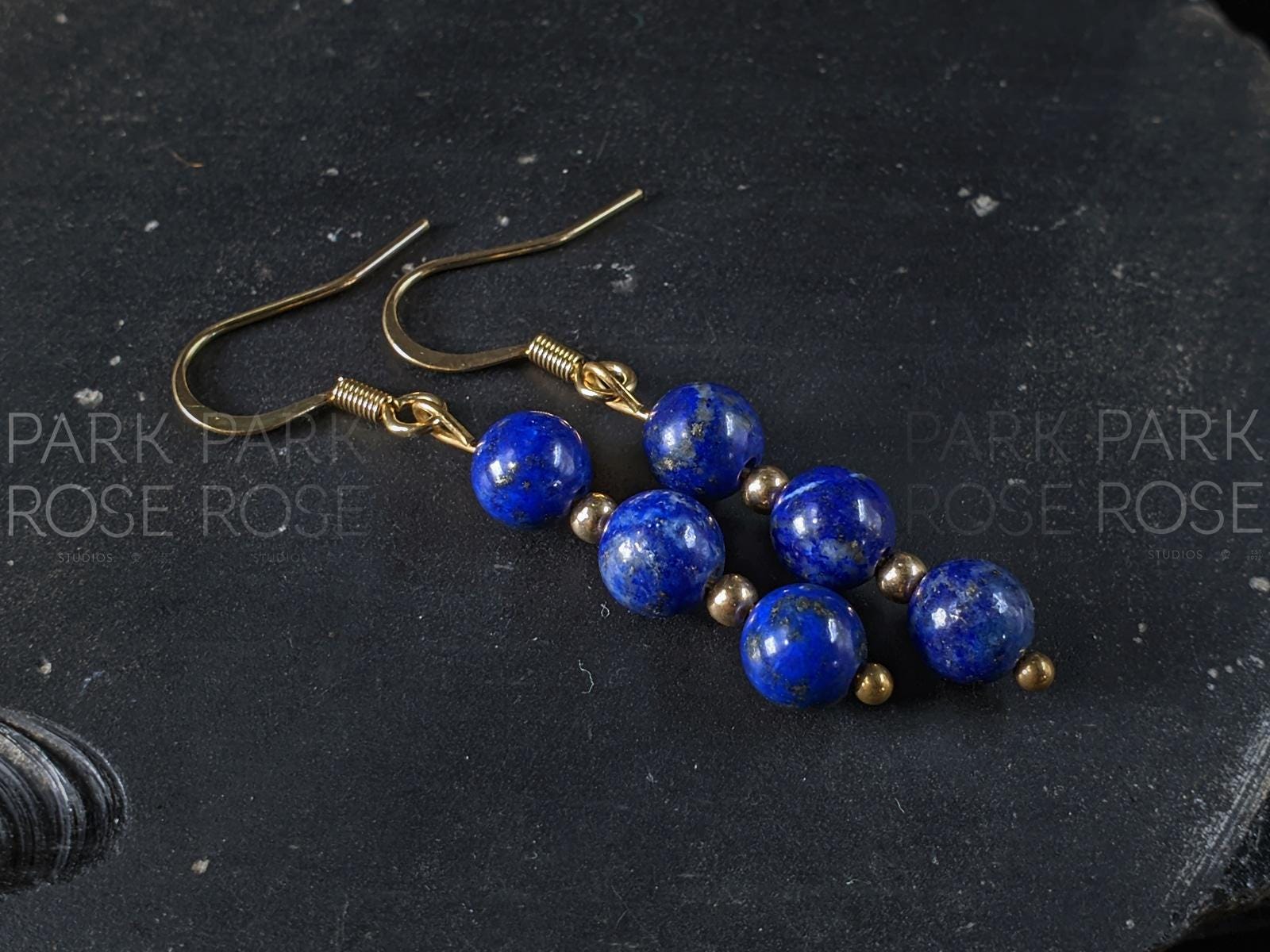 Natural Undyed Chilean Lapis Lazuli Gemstone Earrings, 24K Gold Filled (6mm)