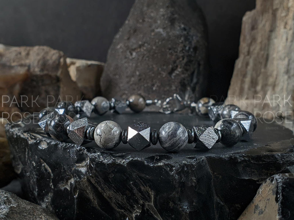 Silver Leaf Jasper & Certified Gibeon Meteorite Bracelet (7mm)