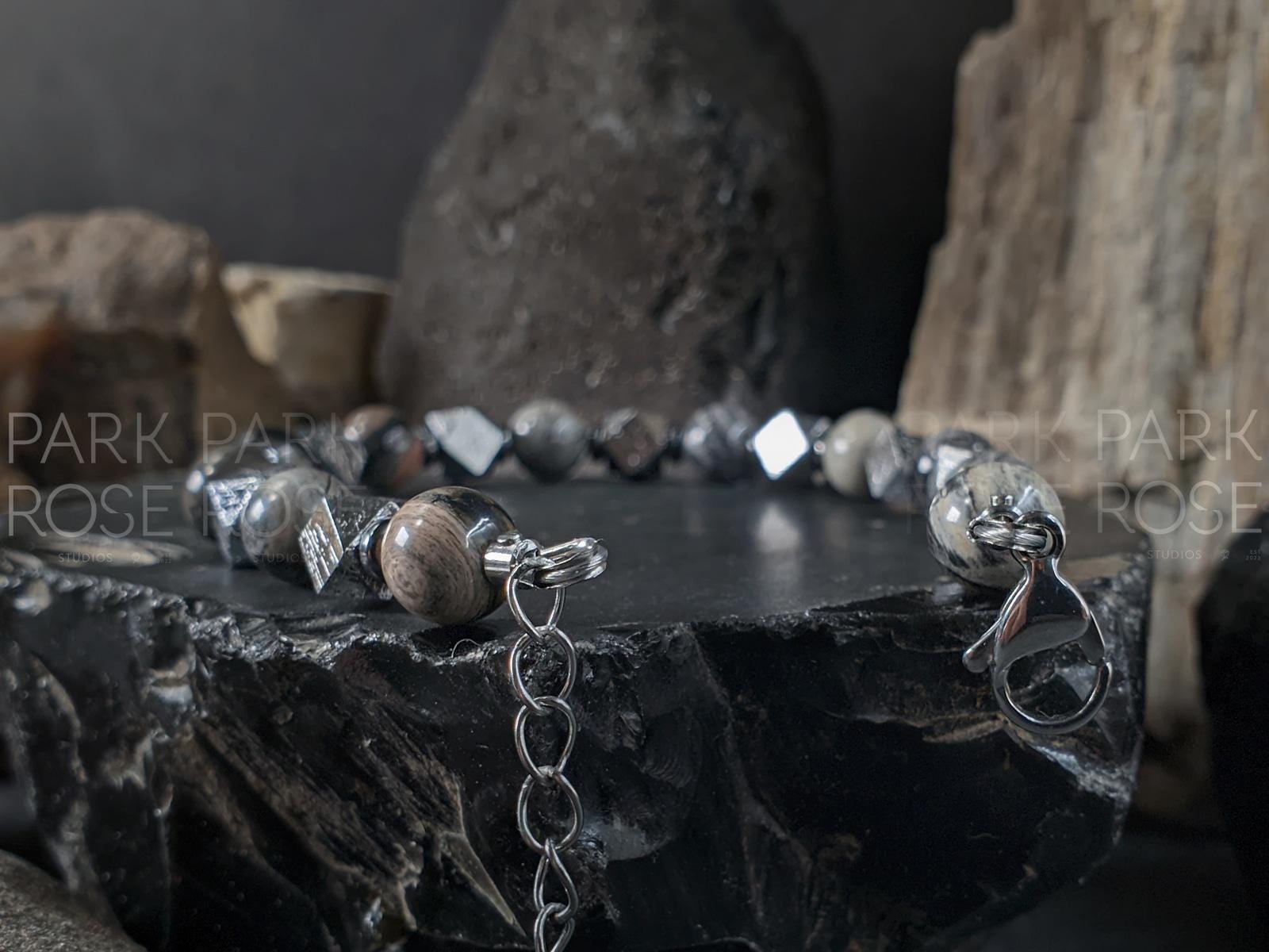 Silver Leaf Jasper & Certified Gibeon Meteorite Bracelet (7mm)