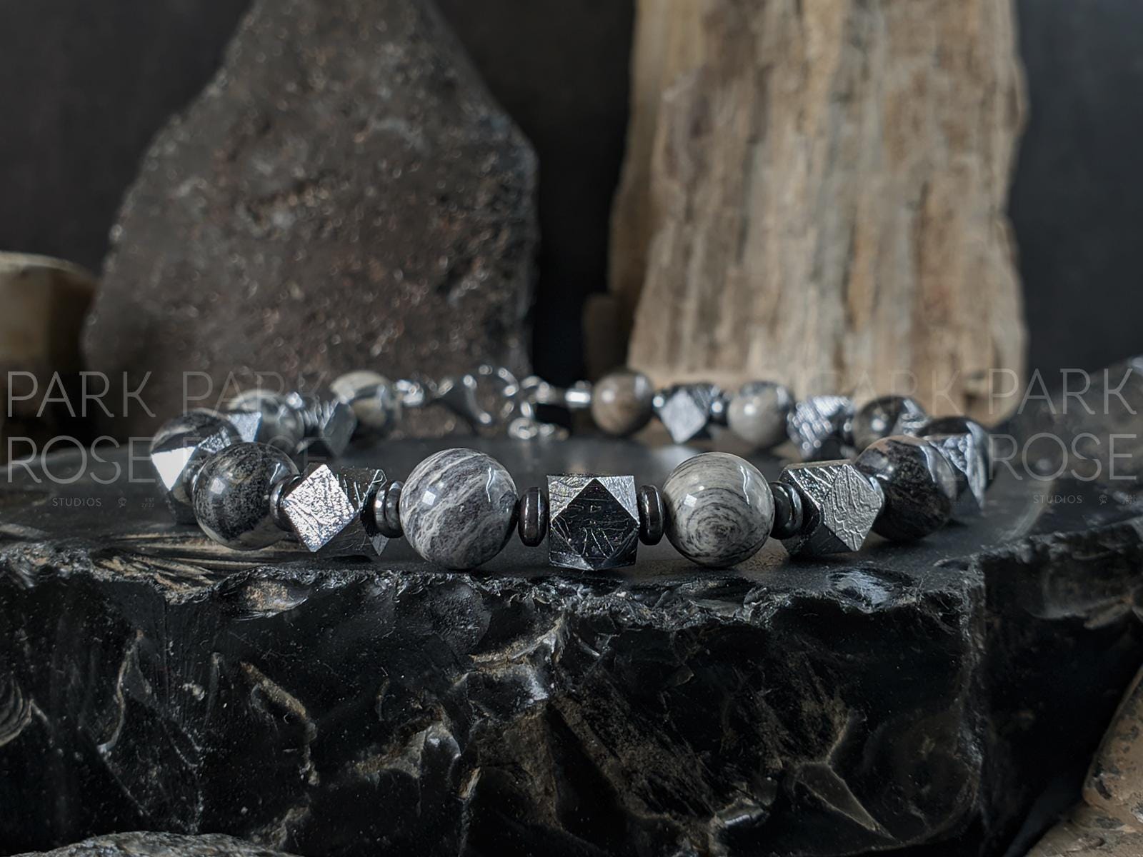 Silver Leaf Jasper & Certified Gibeon Meteorite Bracelet (7mm)