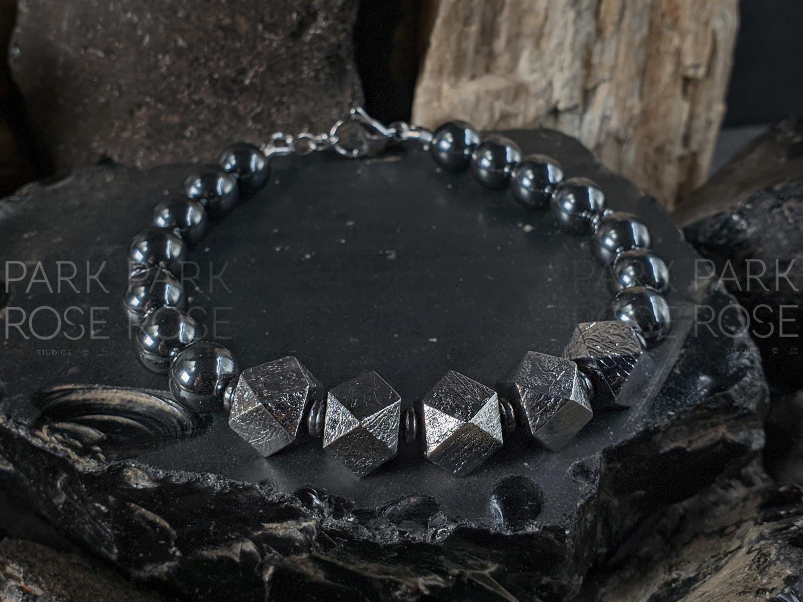 Gibeon Meteorite + Black Hematite Clasp Bracelet (8mm)