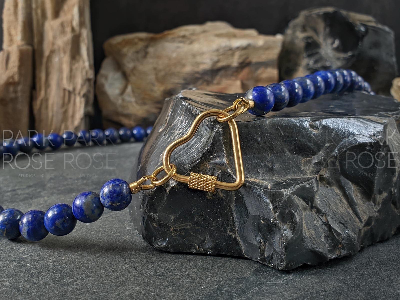 Natural Untreated AAA Chilean Lapis Lazuli Carabiner Necklace, Keshi Pearl Pendant (8mm)