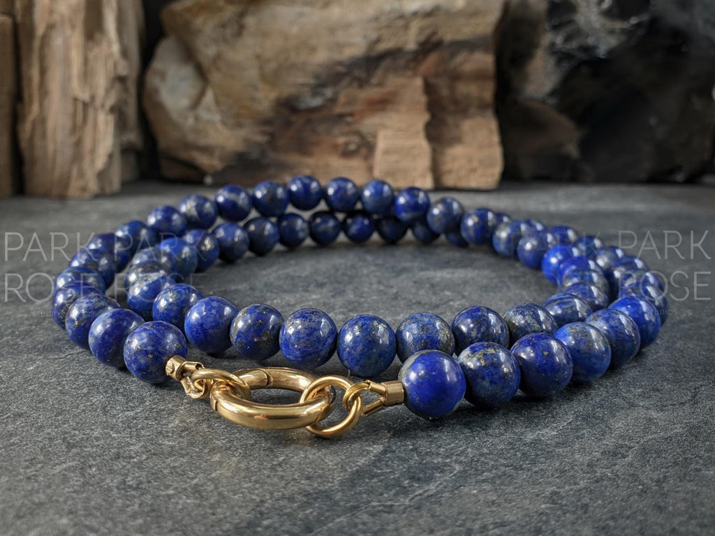 Natural Untreated AAA Chilean Lapis Lazuli Carabiner Necklace, Keshi Pearl Pendant (8mm)