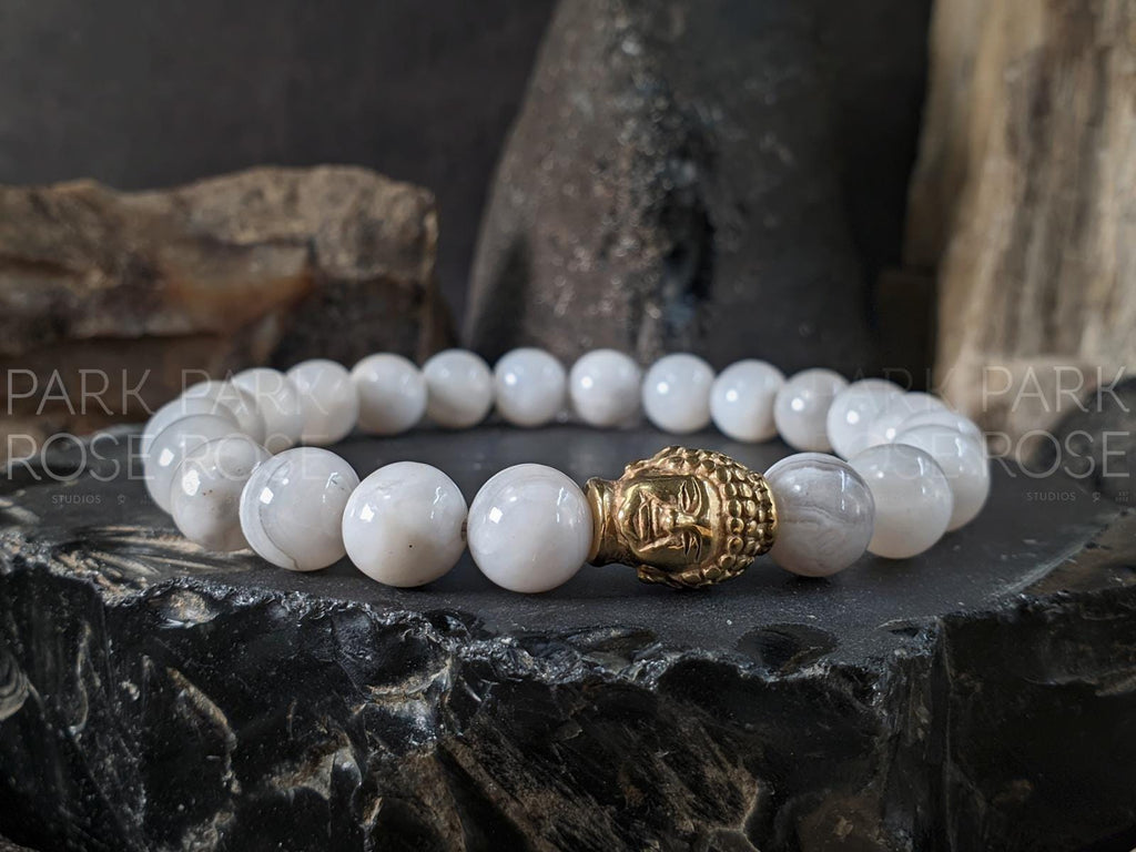 Natural Brazil White Crazy Lace Agate Beaded Bracelet: Stainless Steel Buddha Head