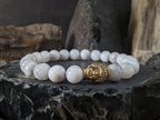 Natural Brazil White Crazy Lace Agate Beaded Bracelet: Stainless Steel Buddha Head