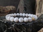 Natural Brazil White Crazy Lace Agate Beaded Bracelet: Stainless Steel Buddha Head