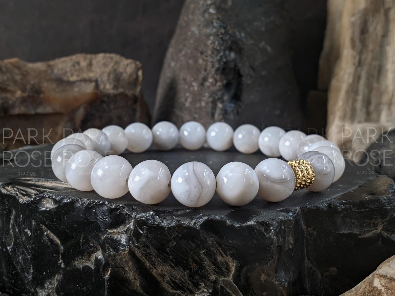 Natural Brazil White Crazy Lace Agate Beaded Bracelet: Stainless Steel Buddha Head