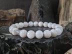 Natural Brazil White Crazy Lace Agate Beaded Bracelet: Stainless Steel Buddha Head