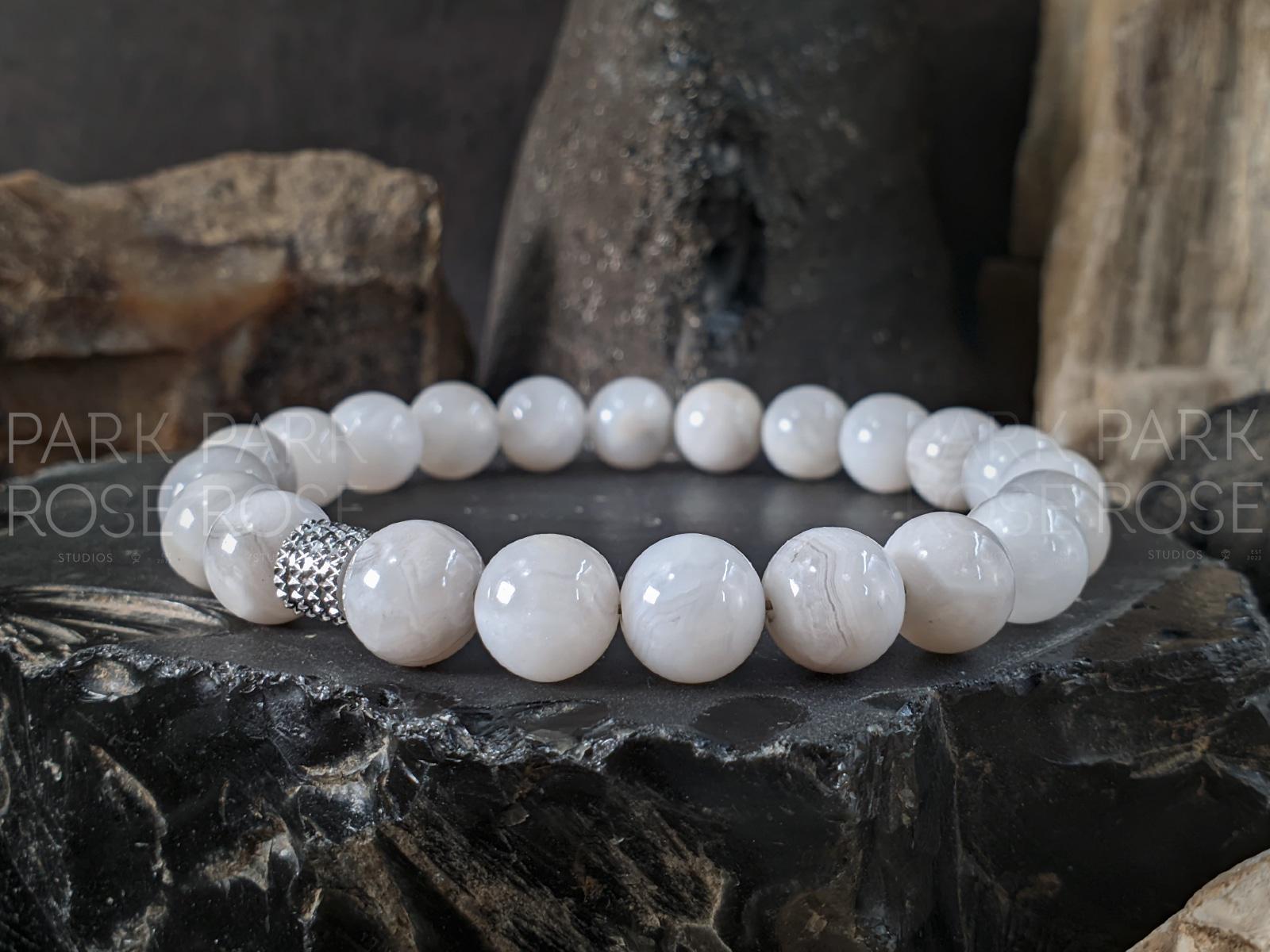 Natural Brazil White Crazy Lace Agate Beaded Bracelet: Stainless Steel Buddha Head