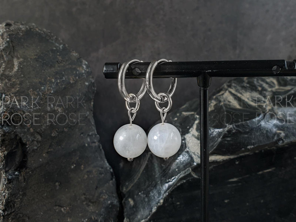 Sri Lanka Moonstone Hoop Earrings: Stainless Steel 12 Gauge Huggie Hoop (10mm)