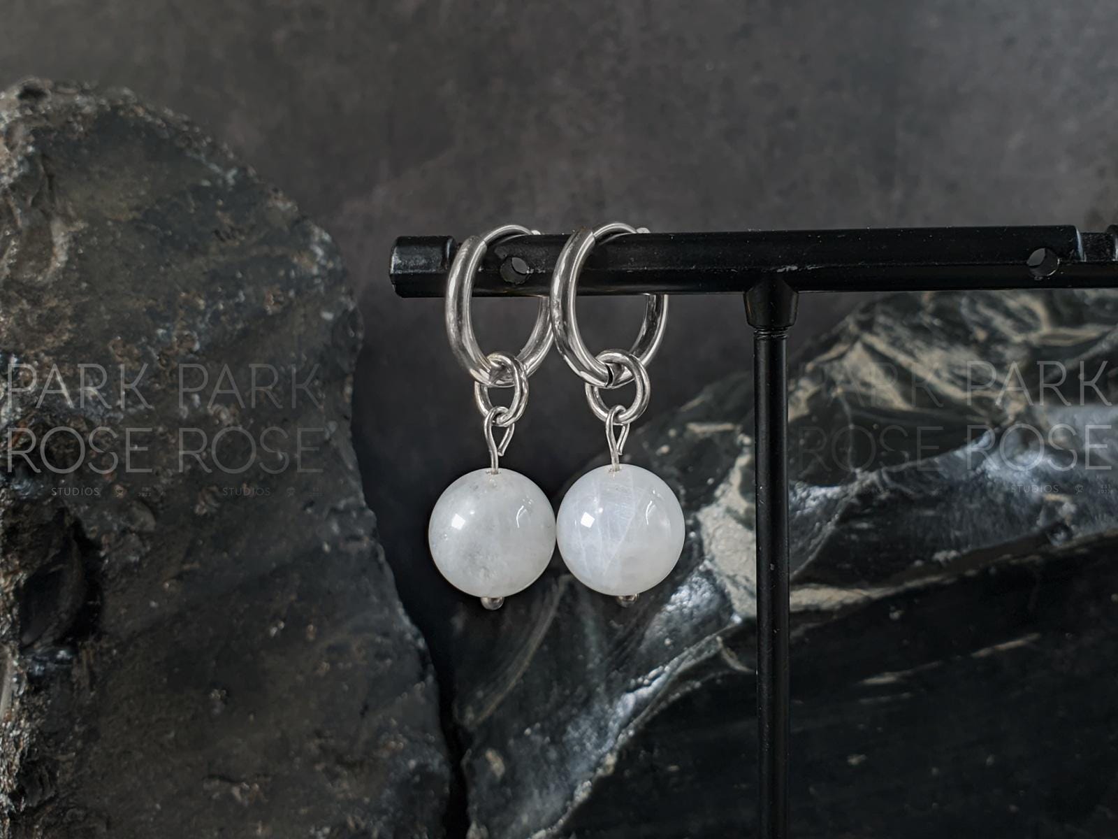 Sri Lanka Moonstone Hoop Earrings: Stainless Steel 12 Gauge Huggie Hoop (10mm)