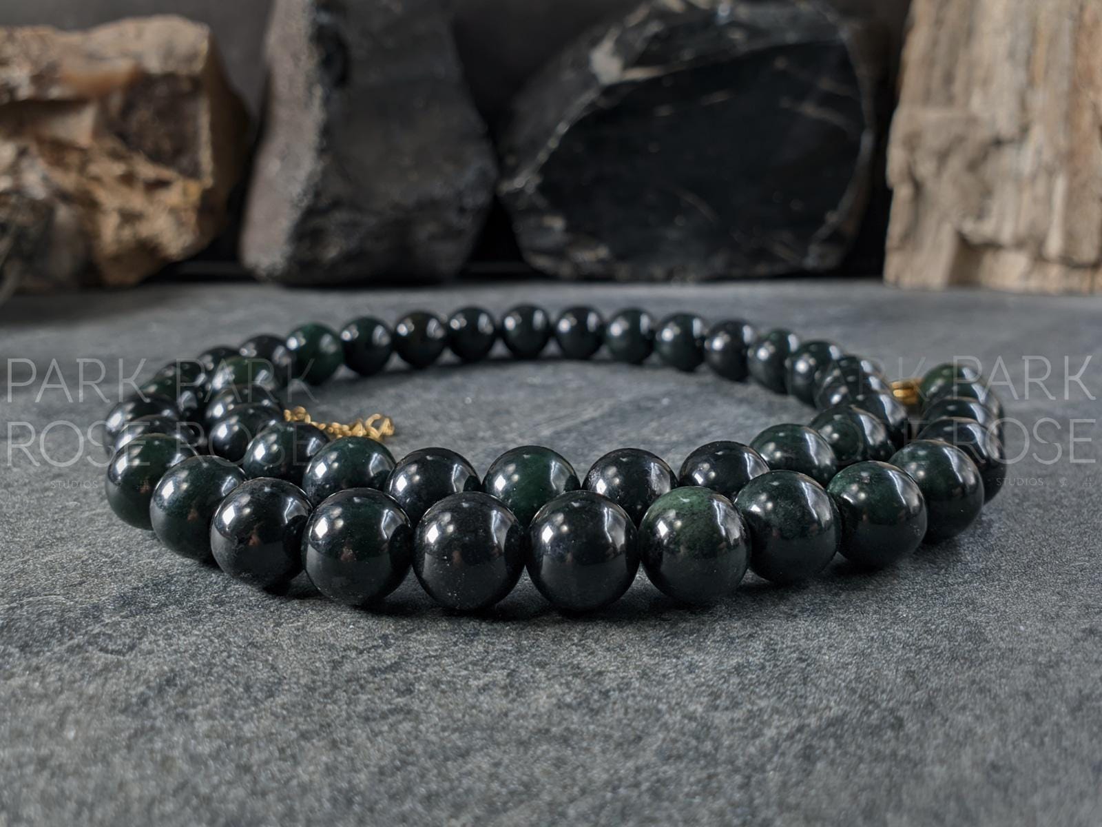 Natural Untreated Myanmar Black Jade Necklace (10mm)