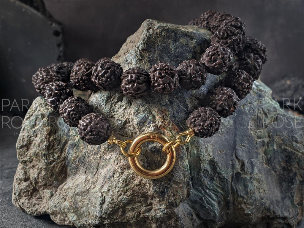 Natural Nepal Rudraksha Seed Prayer Bead Necklace: Buddha or Ohm (12mm)