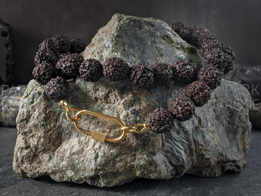 Natural Nepal Rudraksha Seed Prayer Bead Necklace: Buddha or Ohm (12mm)
