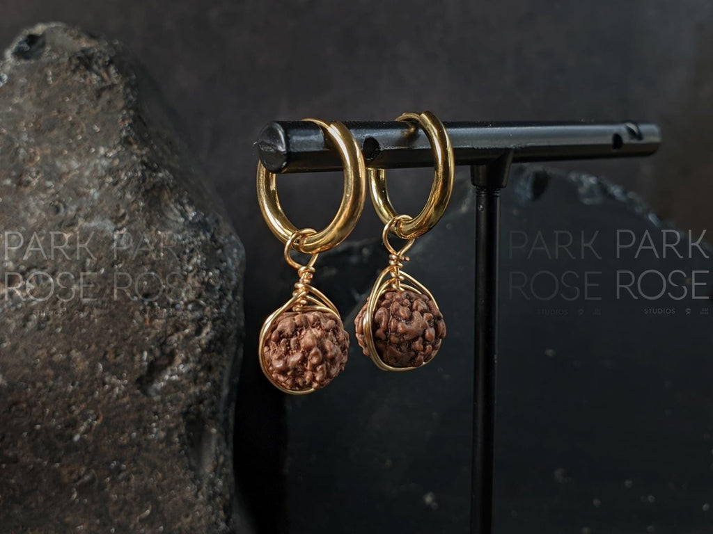 Natural Nepal Rudraksha Copper Wire Wrapped Hoop Earrings