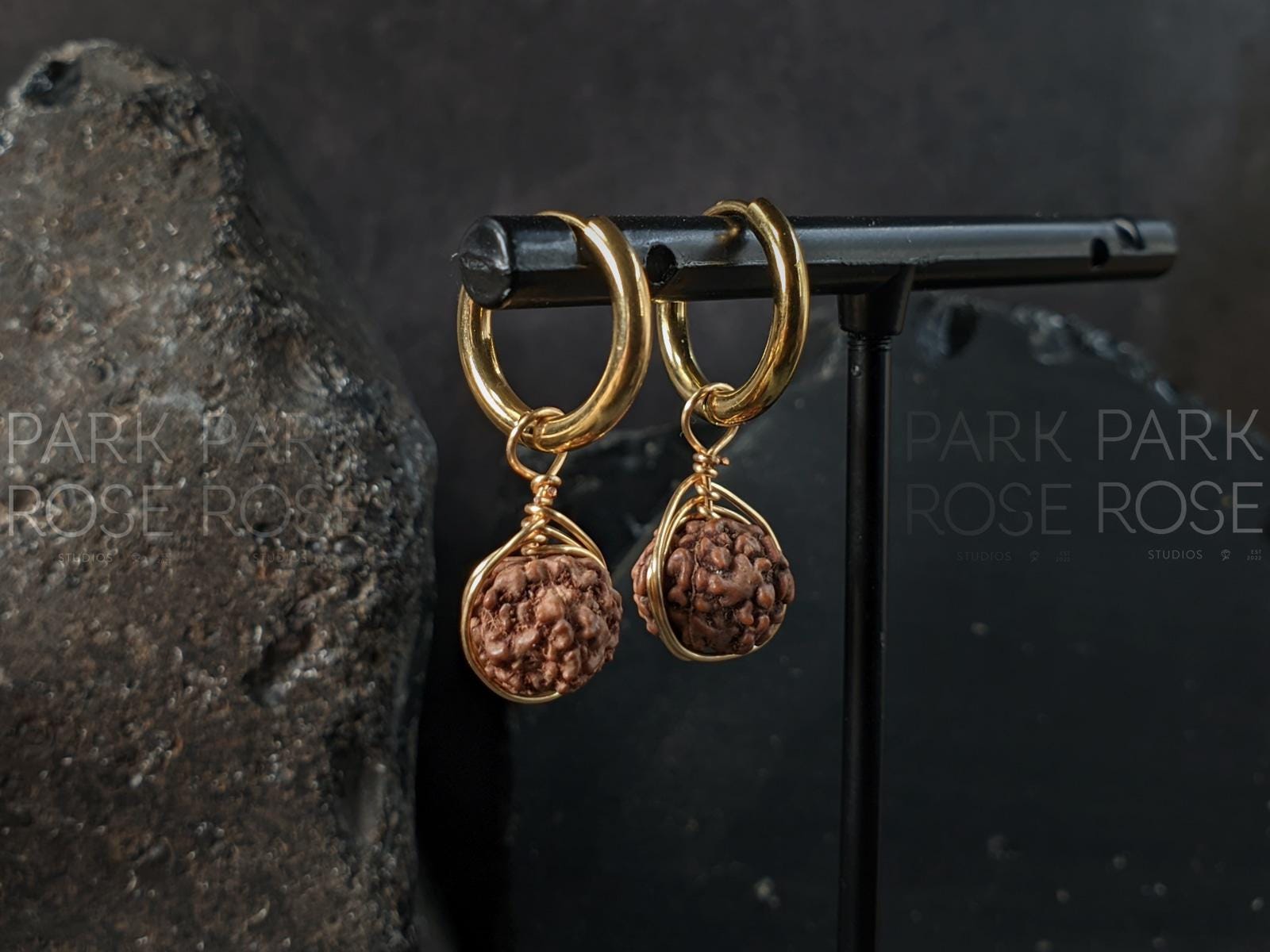 Natural Nepal Rudraksha Copper Wire Wrapped Hoop Earrings