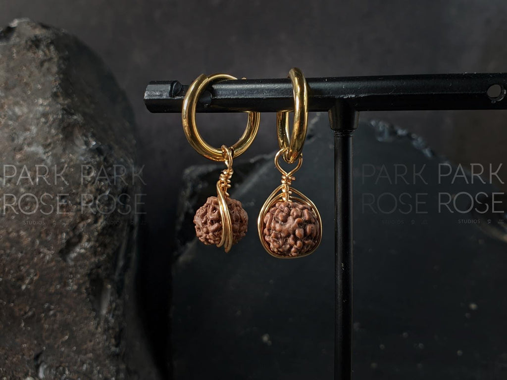Natural Nepal Rudraksha Copper Wire Wrapped Hoop Earrings