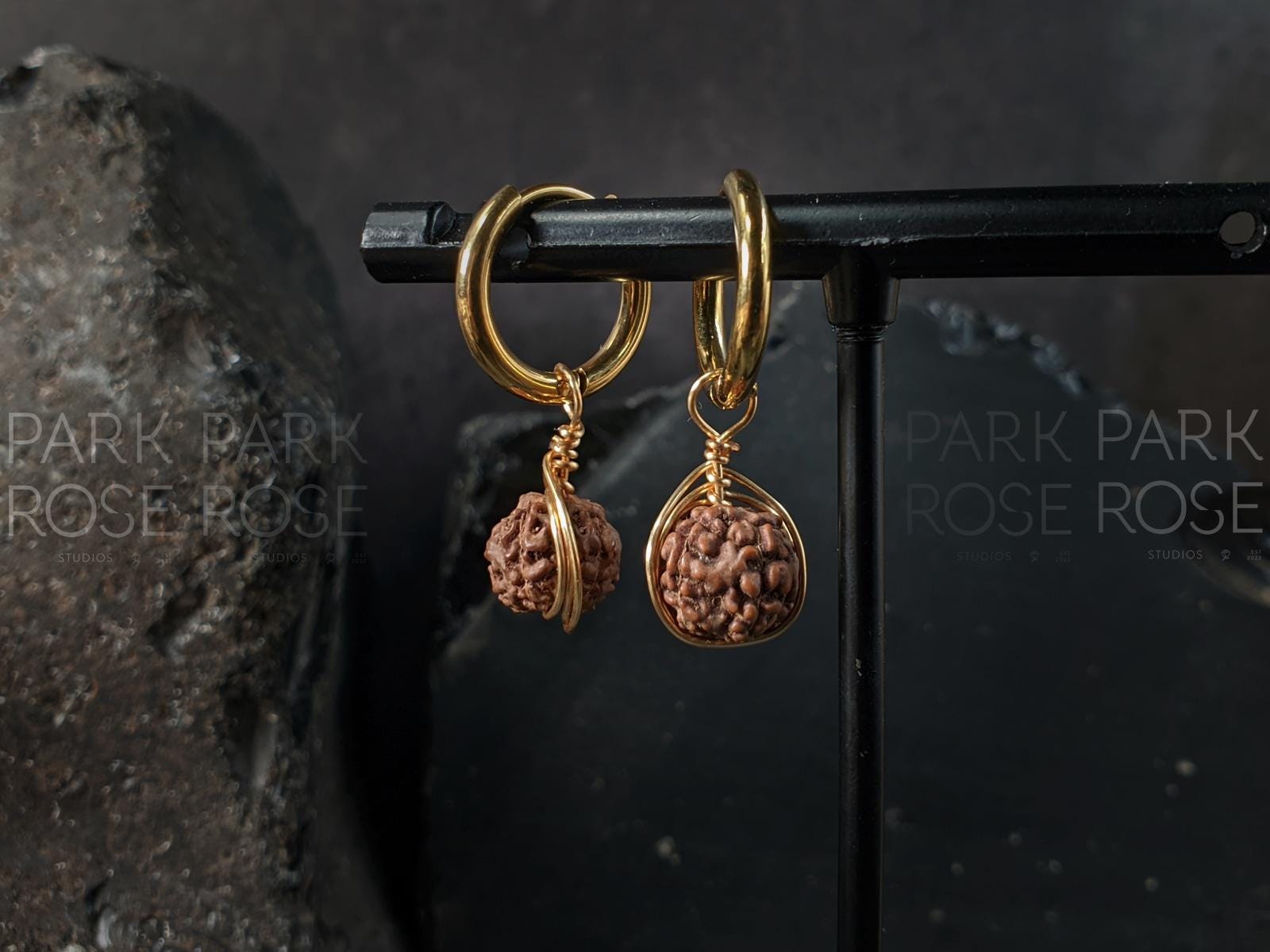 Natural Nepal Rudraksha Copper Wire Wrapped Hoop Earrings