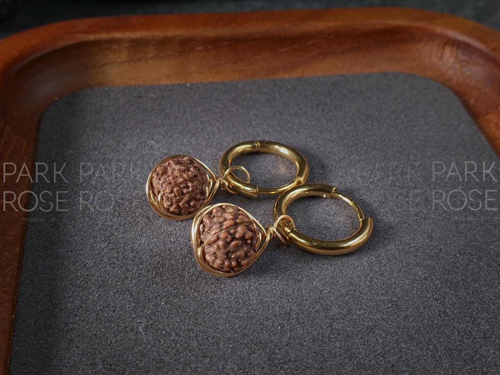 Natural Nepal Rudraksha Copper Wire Wrapped Hoop Earrings