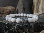 Natural Brazil White Crazy Lace Agate Beaded Bracelet: Stainless Steel Buddha Head