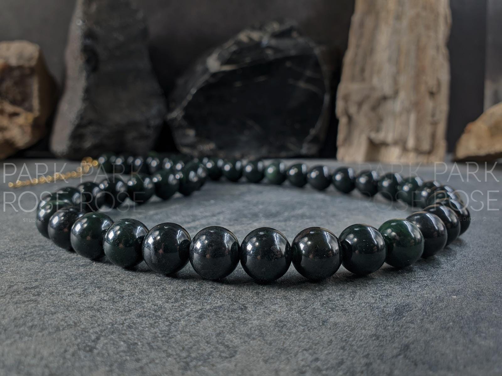 Natural Untreated Myanmar Black Jade Necklace (10mm)