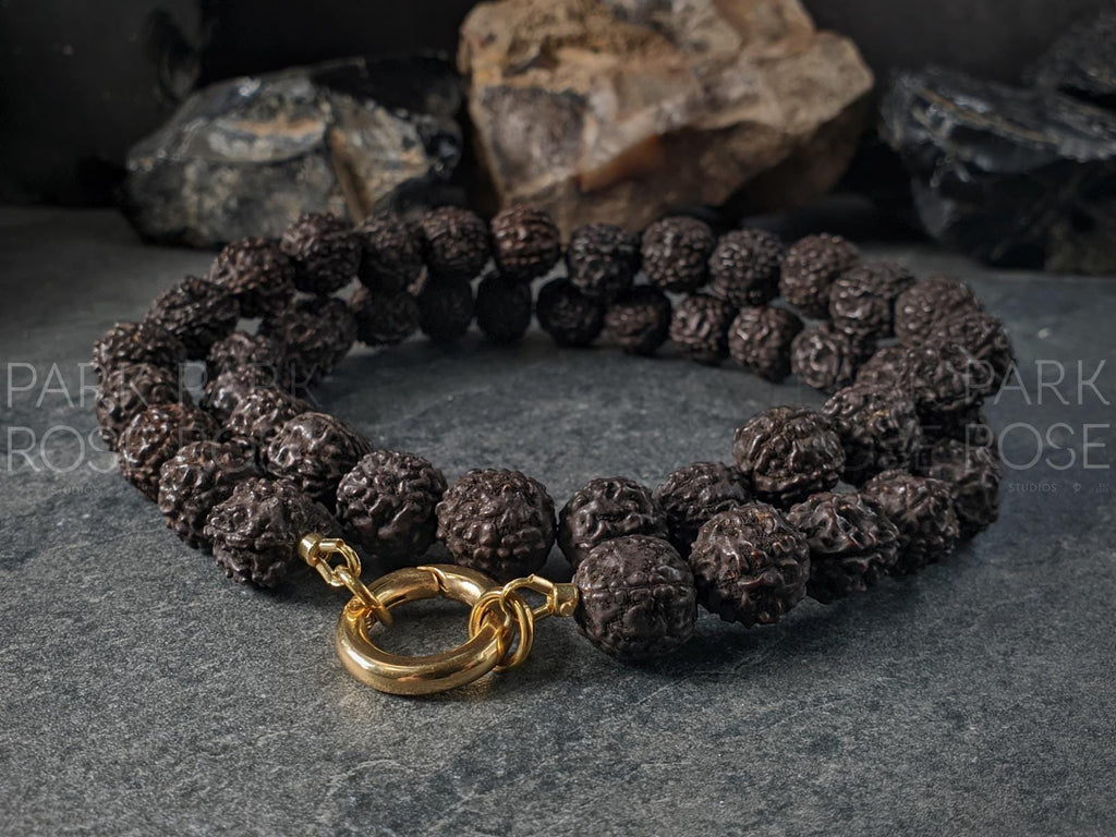 Natural Nepal Rudraksha Seed Prayer Bead Necklace: Buddha or Ohm (12mm)