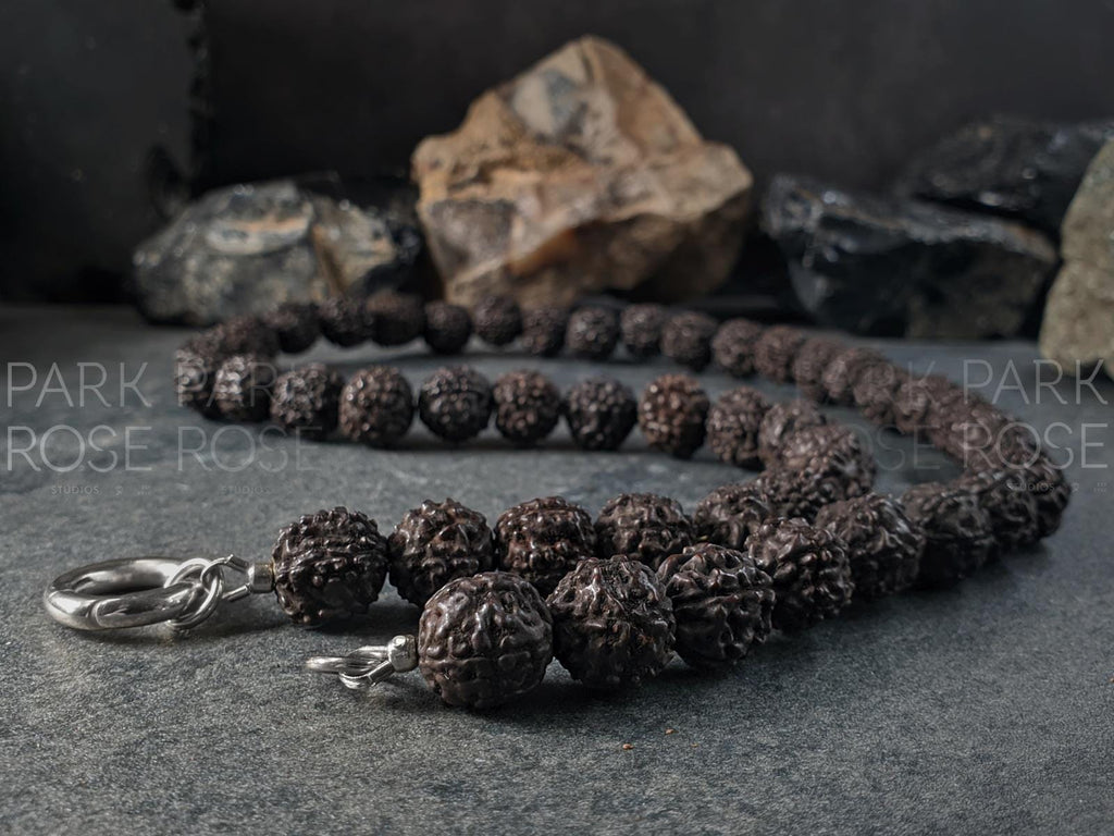 Natural Nepal Rudraksha Seed Prayer Bead Necklace: Buddha or Ohm (12mm)