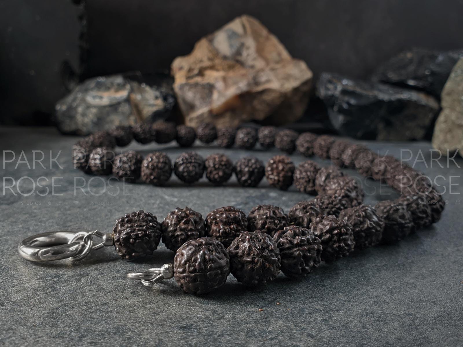 Natural Nepal Rudraksha Seed Prayer Bead Necklace: Buddha or Ohm (12mm)