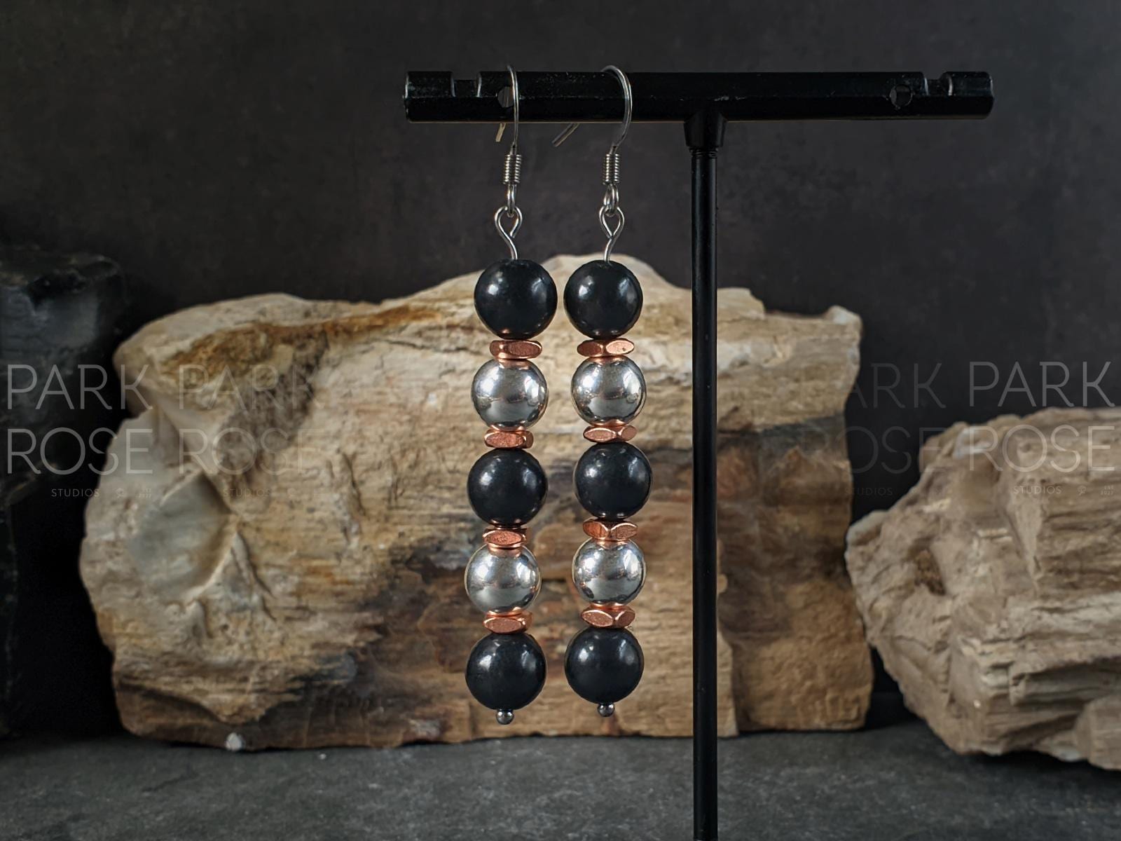 Natural Shungite, 925 Sterling Silver and Copper Drop Earrings