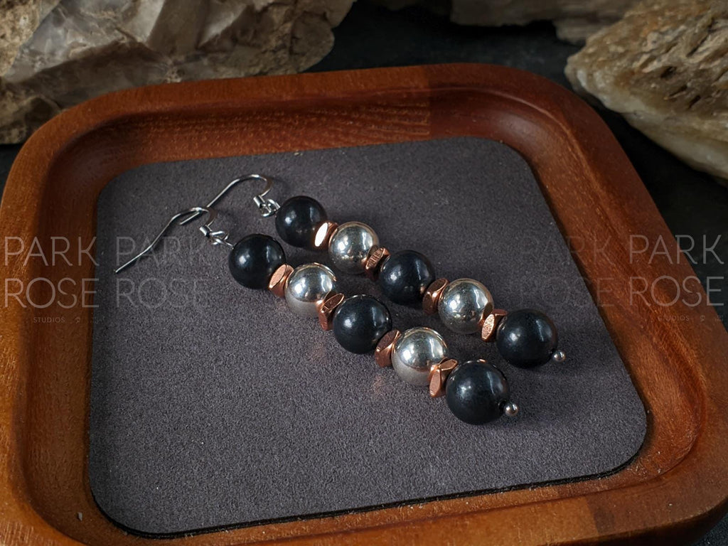 Natural Shungite, 925 Sterling Silver and Copper Drop Earrings