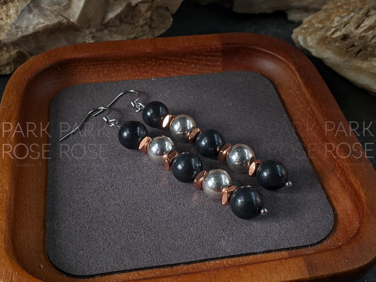 Natural Shungite, 925 Sterling Silver and Copper Drop Earrings