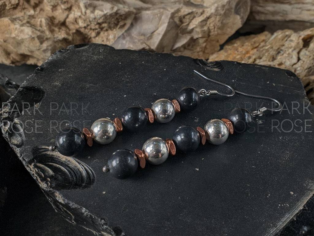 Natural Shungite, 925 Sterling Silver and Copper Drop Earrings