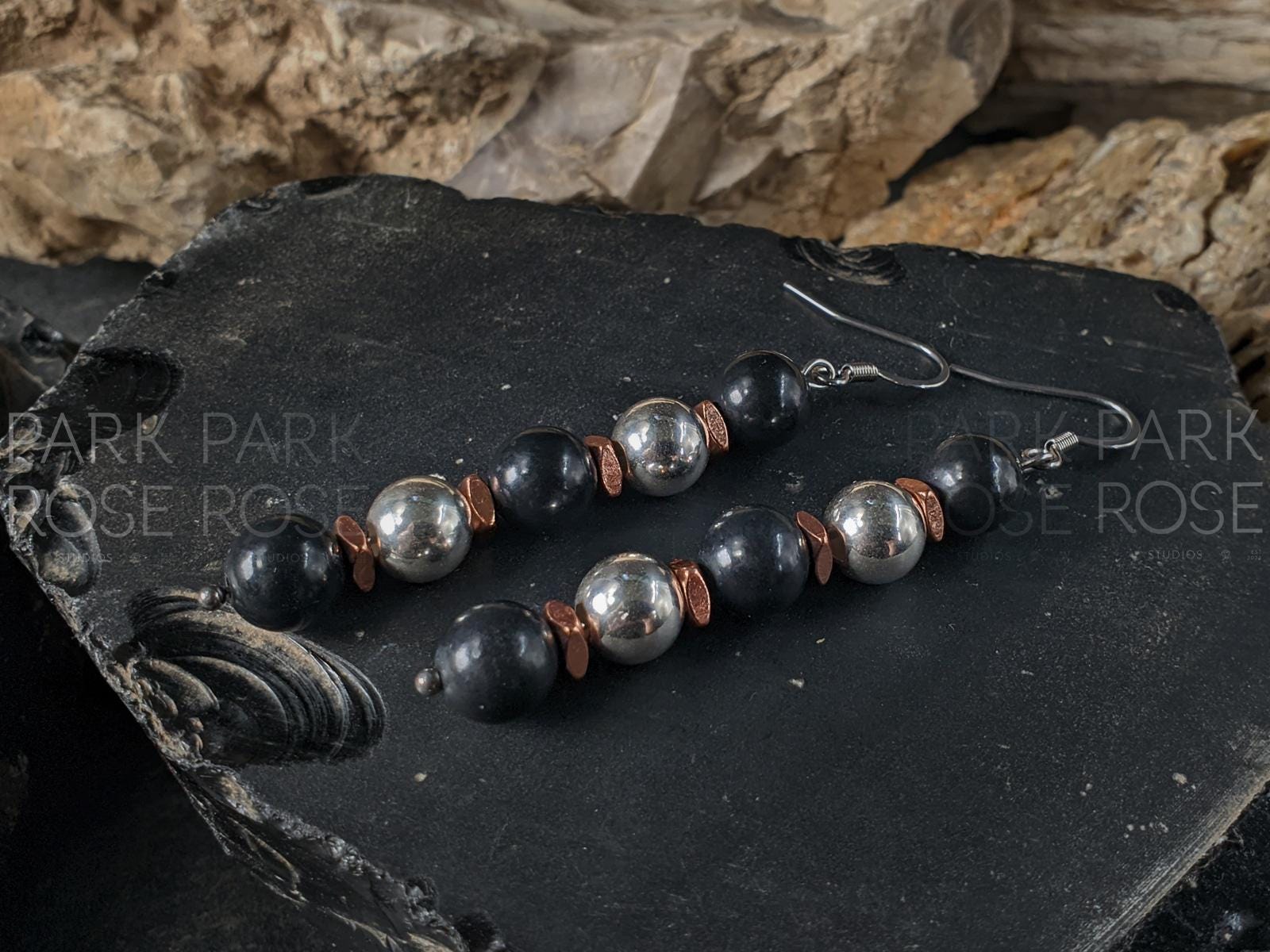Natural Shungite, 925 Sterling Silver and Copper Drop Earrings