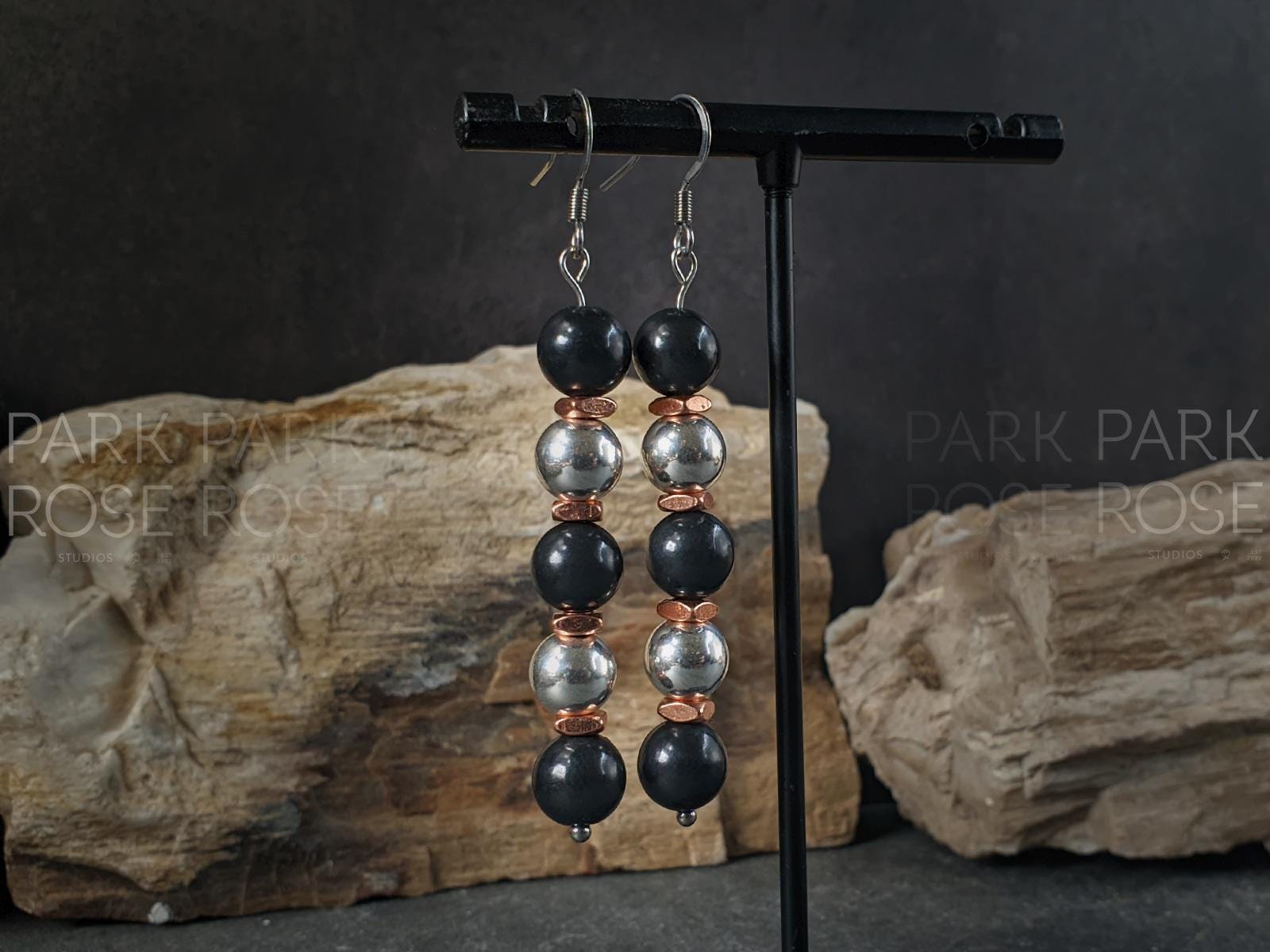 Natural Shungite, 925 Sterling Silver and Copper Drop Earrings