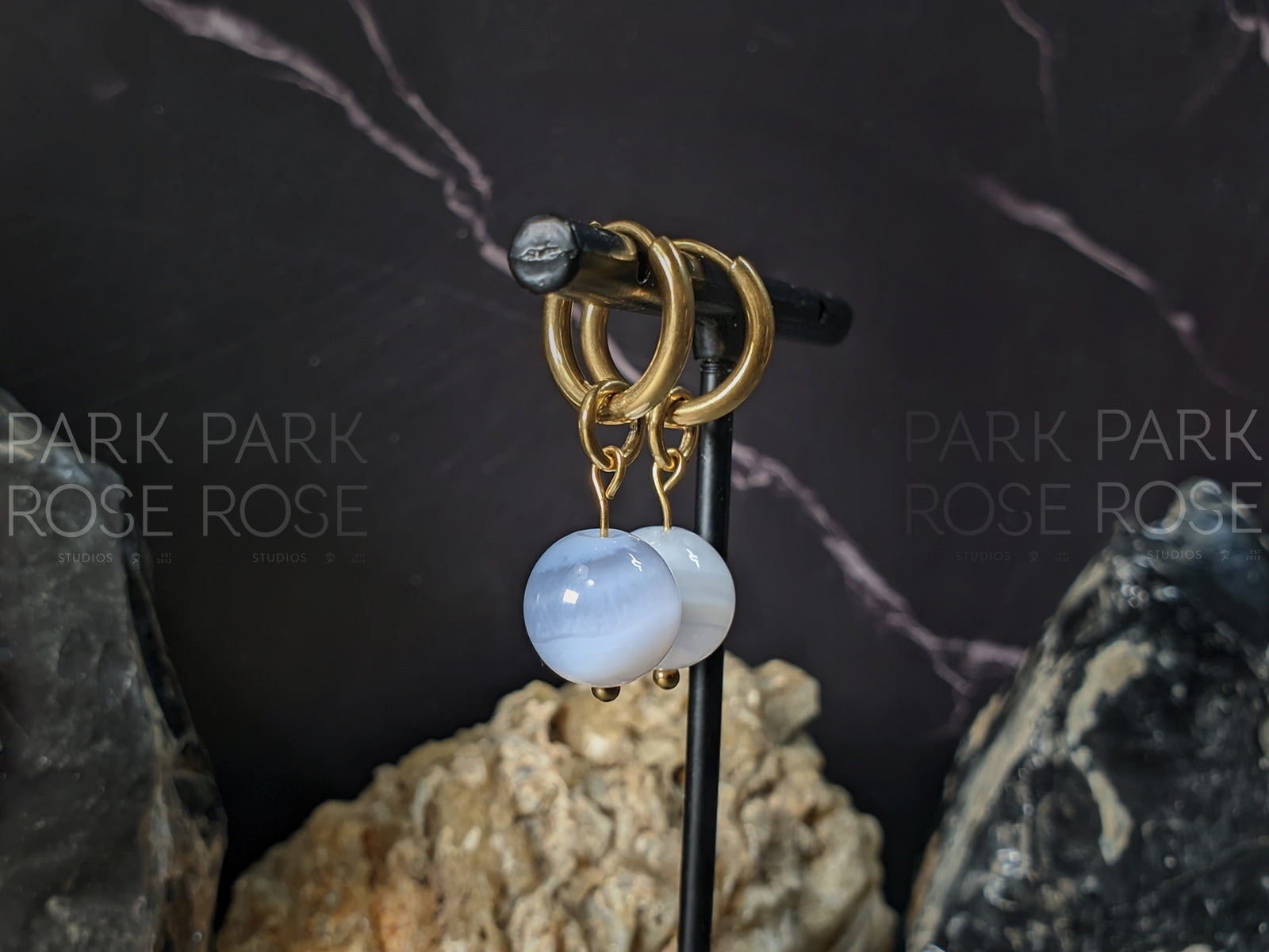 Blue Lace Agate Huggie Hoop Earrings (10mm)