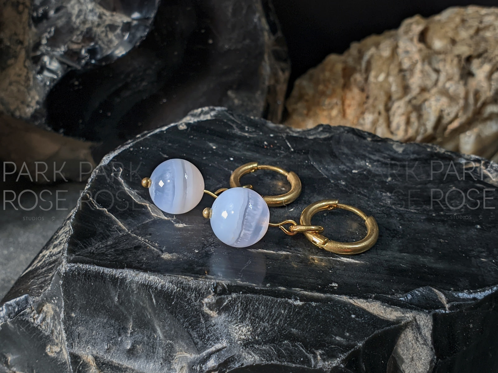 Blue Lace Agate Huggie Hoop Earrings (10mm)