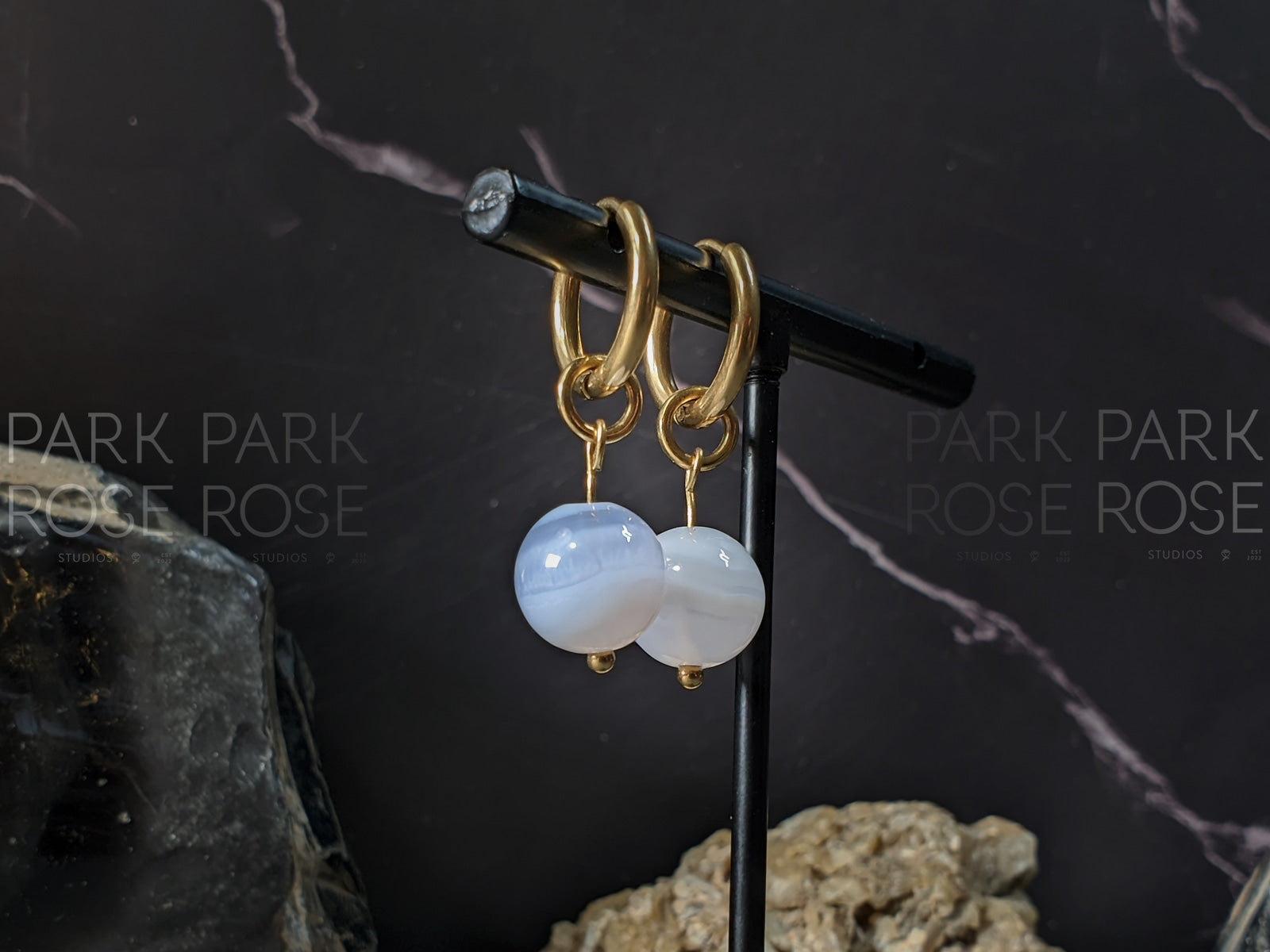 Blue Lace Agate Huggie Hoop Earrings (10mm)
