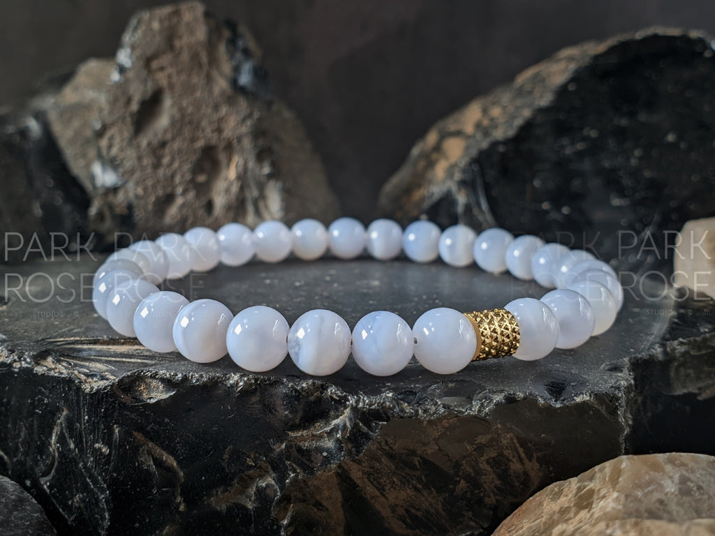 Blue Lace Agate Bracelet: Stainless Steel Accents