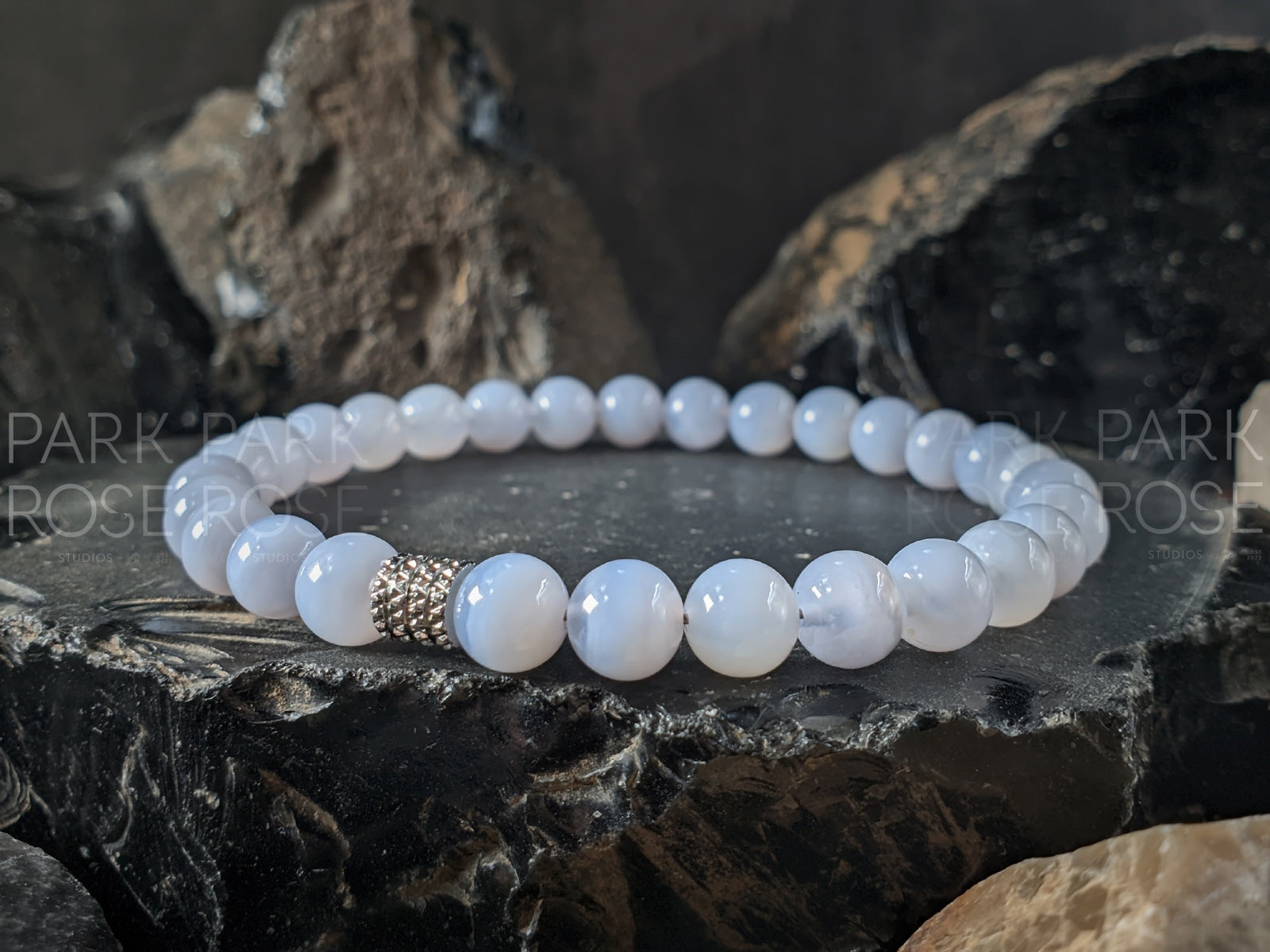 Blue Lace Agate Bracelet: Stainless Steel Accents