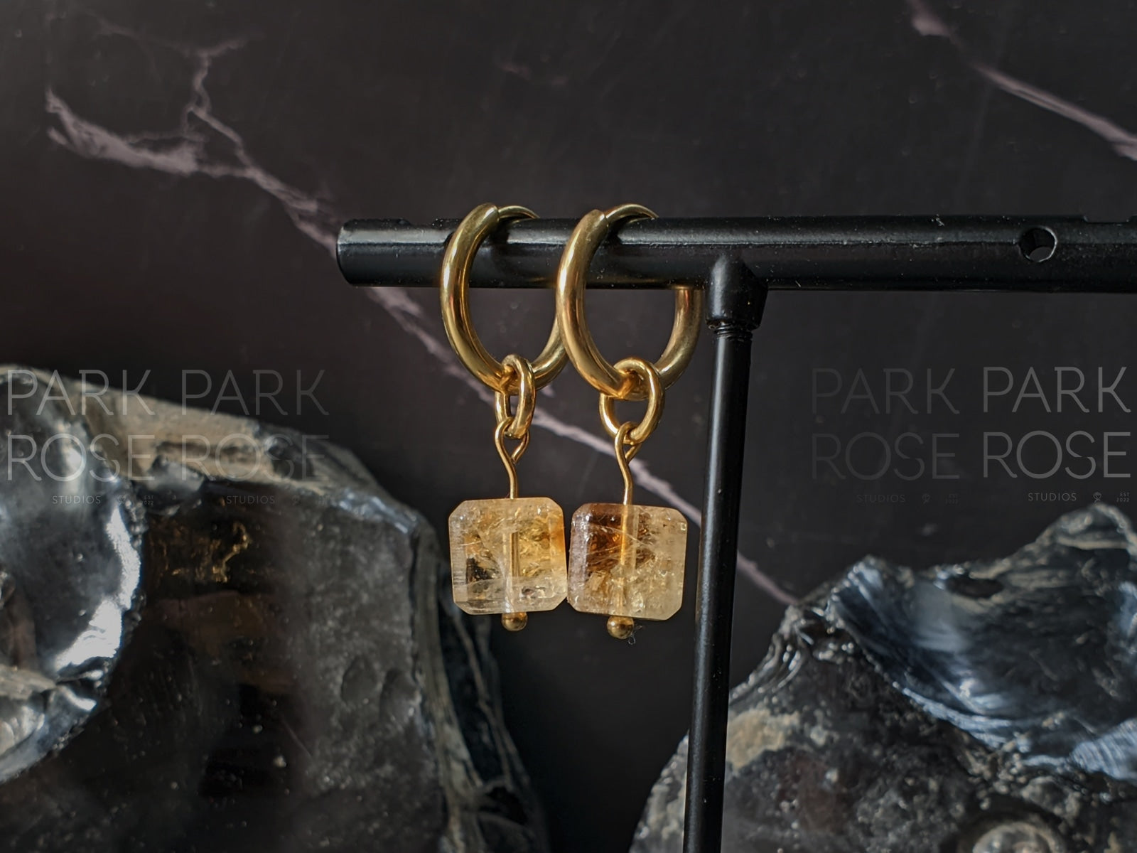 Natural Brazil Citrine Cube Gemstone Huggie Hoop Earrings (8mm)