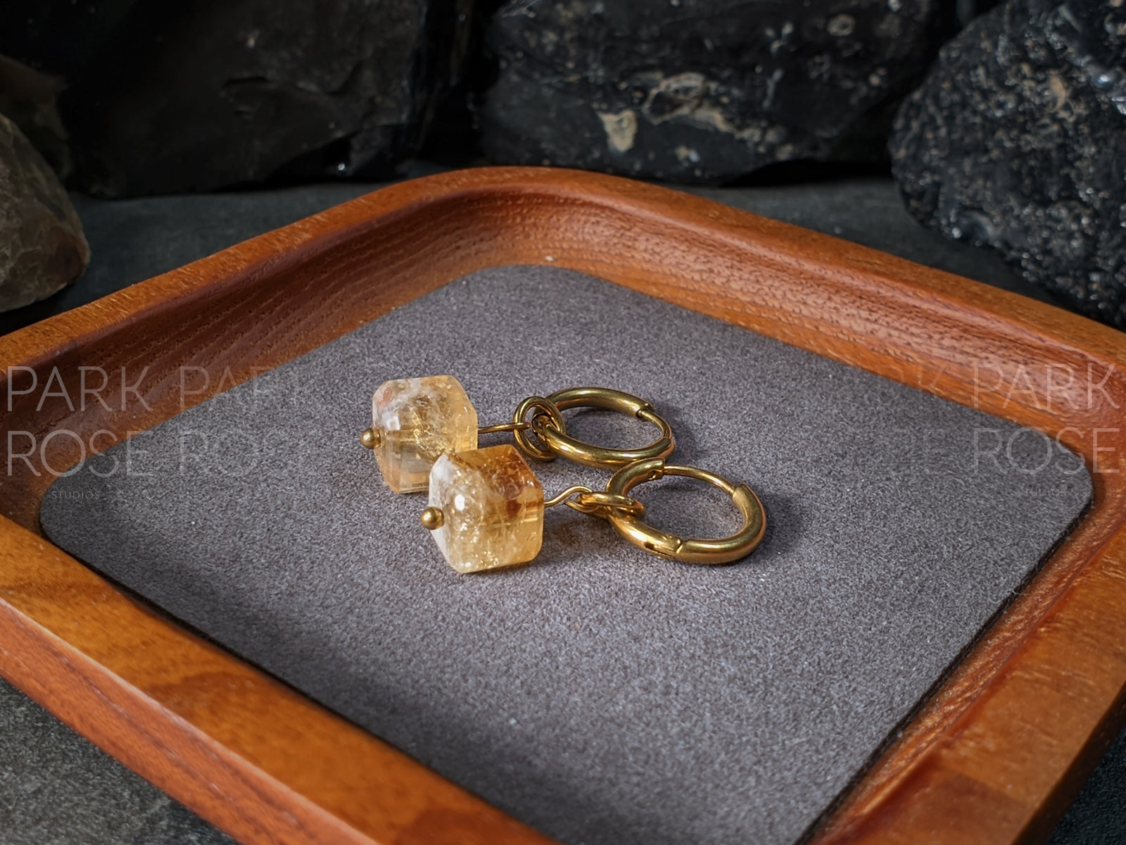 Natural Brazil Citrine Cube Gemstone Huggie Hoop Earrings (8mm)