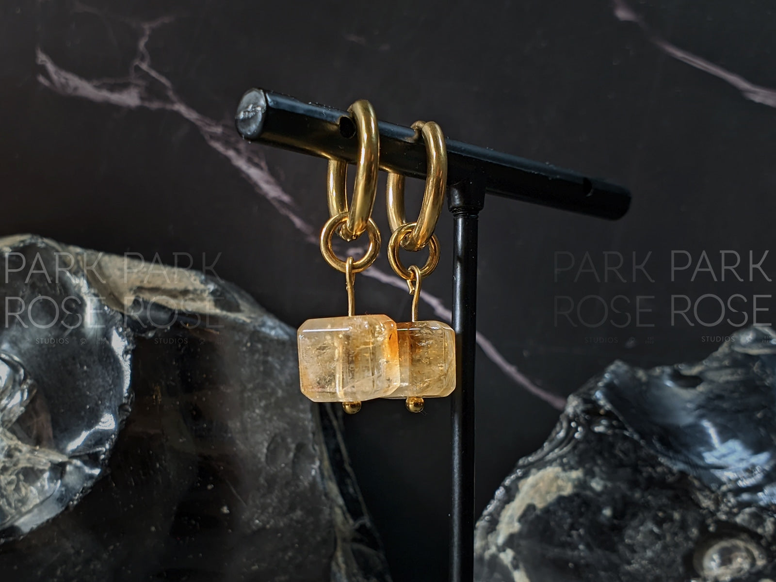 Natural Brazil Citrine Cube Gemstone Huggie Hoop Earrings (8mm)