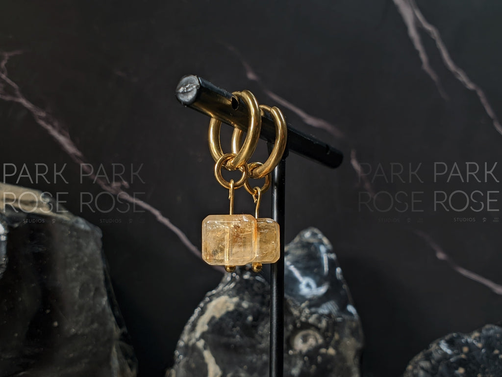 Natural Brazil Citrine Cube Gemstone Huggie Hoop Earrings (8mm)