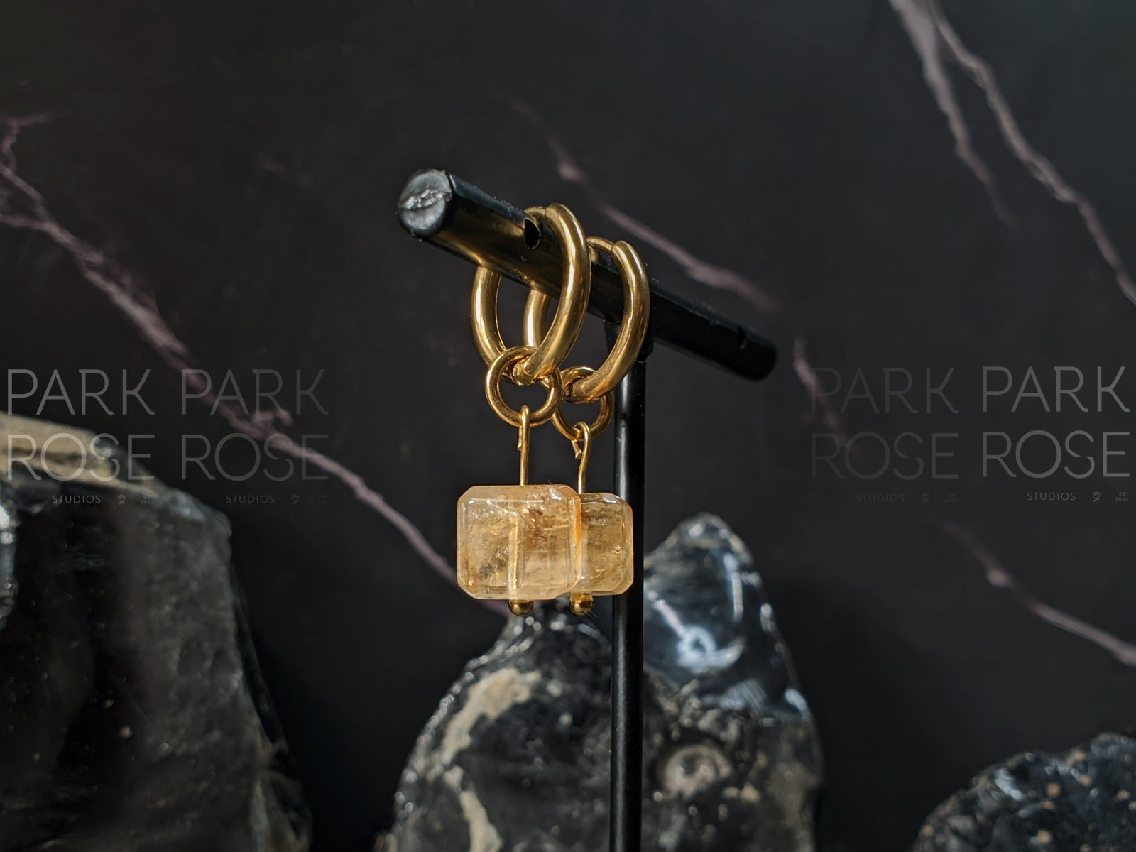 Natural Brazil Citrine Cube Gemstone Huggie Hoop Earrings (8mm)