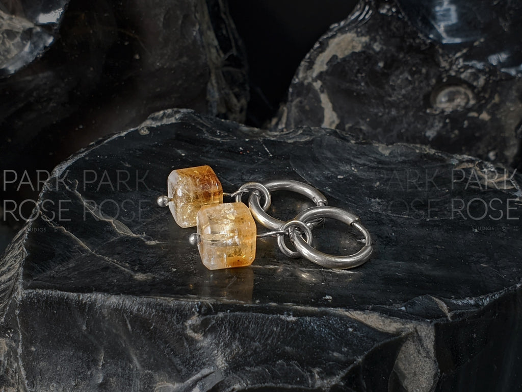 Natural Brazil Citrine Cube Gemstone Huggie Hoop Earrings (8mm)
