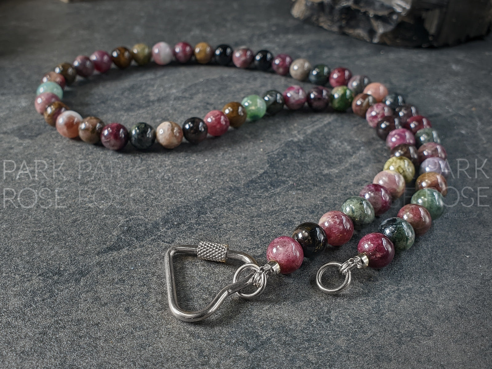 AAAAA Mixed Tourmaline Beaded Carabiner Necklace (8mm)