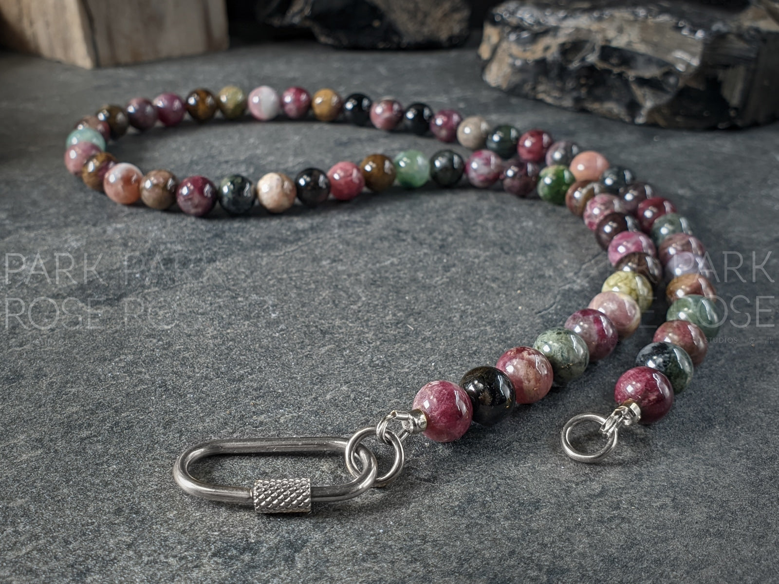 AAAAA Mixed Tourmaline Beaded Carabiner Necklace (8mm)